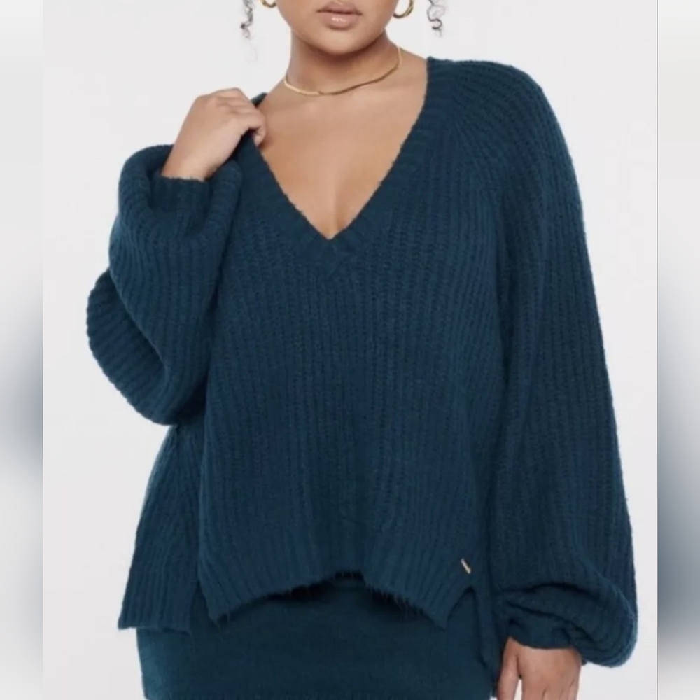 Savage X Fenty Fuzz Fit Knit V Neck Sweater - off shoulder